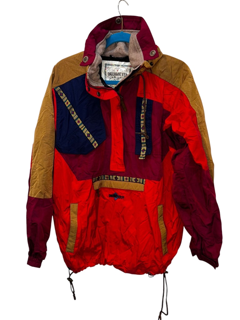 Obermeyer Vintage Ski Red Camel Aztec Print Trim Pull Over Half Snap Ski Jacket